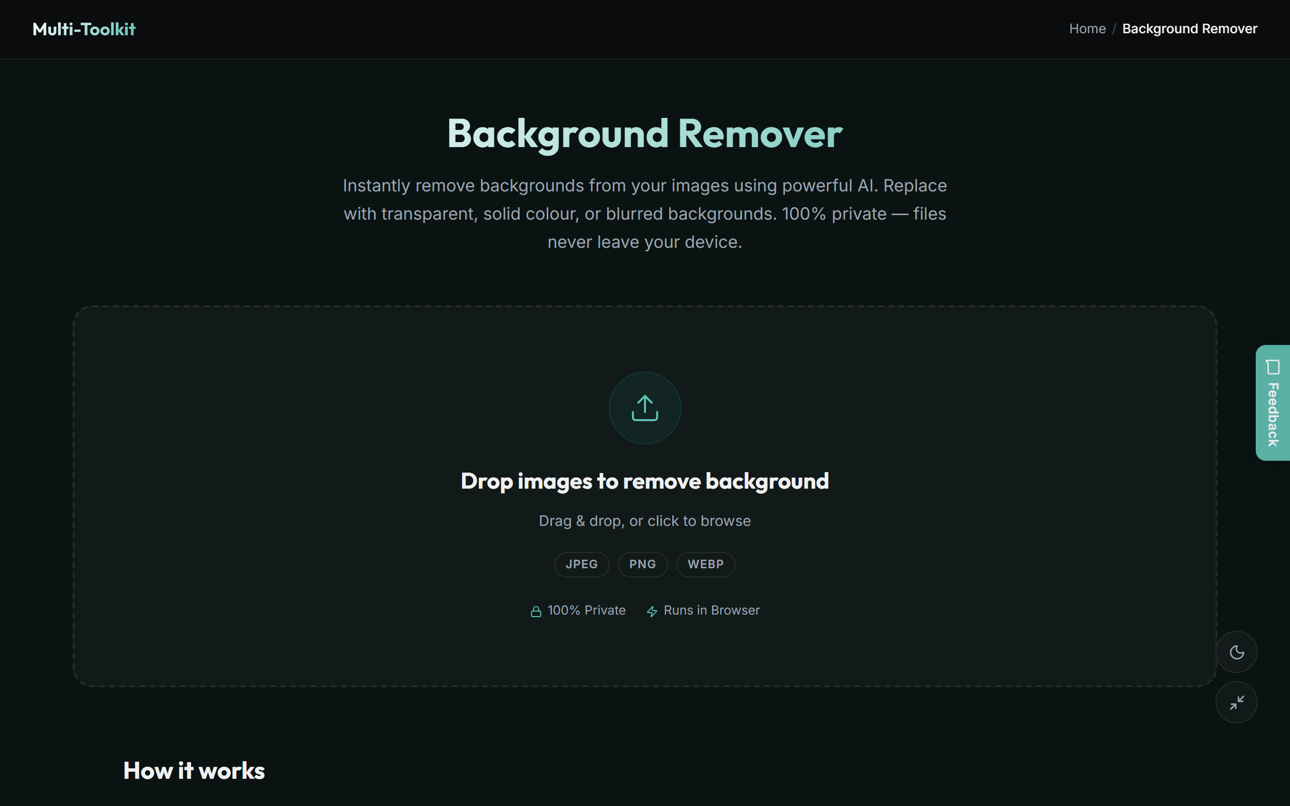 Multi-Toolkit AI Background Remover Interface - Dark Mode