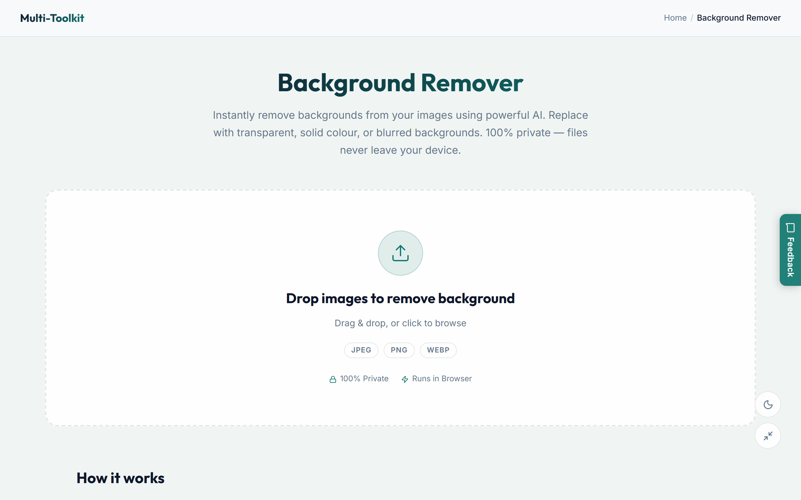 Multi-Toolkit AI Background Remover Interface - Light Mode