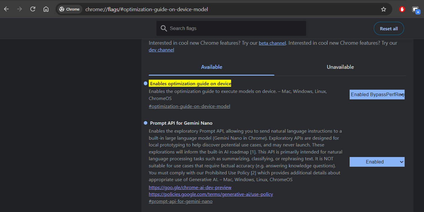 chrome://flags page showing the Optimization Guide On Device flag set to Enabled BypassPerfRequirement and the Prompt API for Gemini Nano flag set to Enabled
