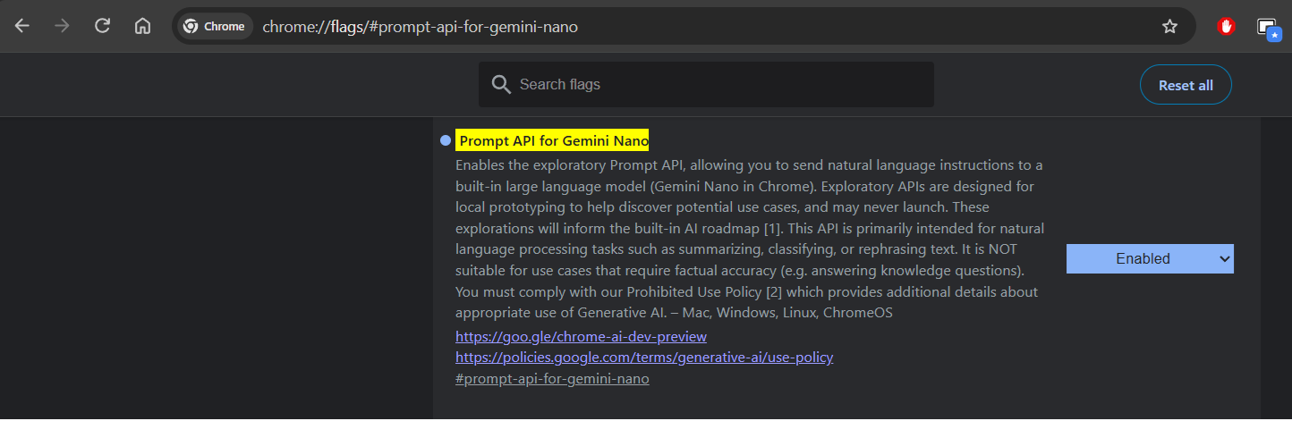 Close-up of the Prompt API for Gemini Nano flag in chrome://flags set to Enabled