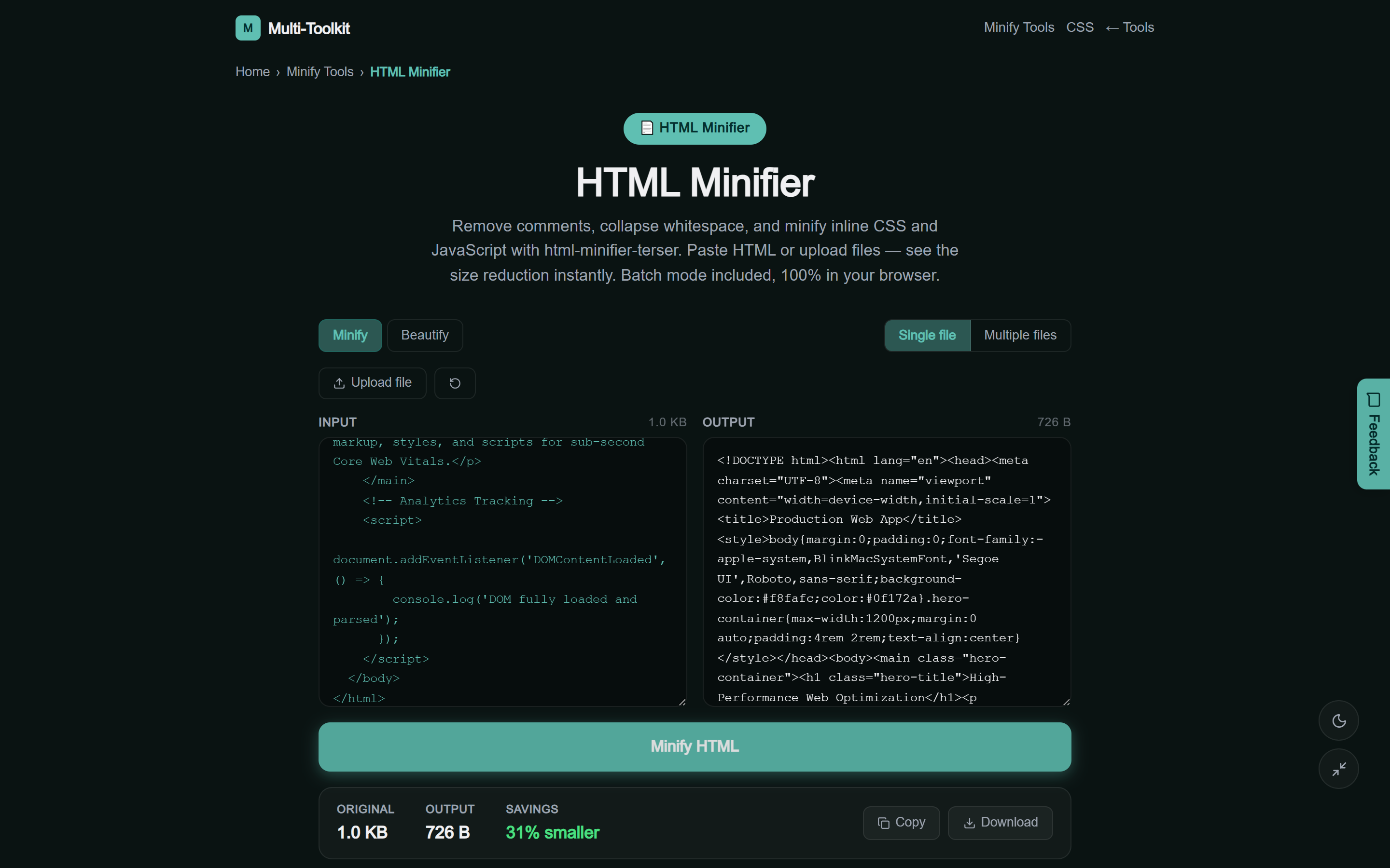 Multi-Toolkit HTML Minifier Light Mode Interface
