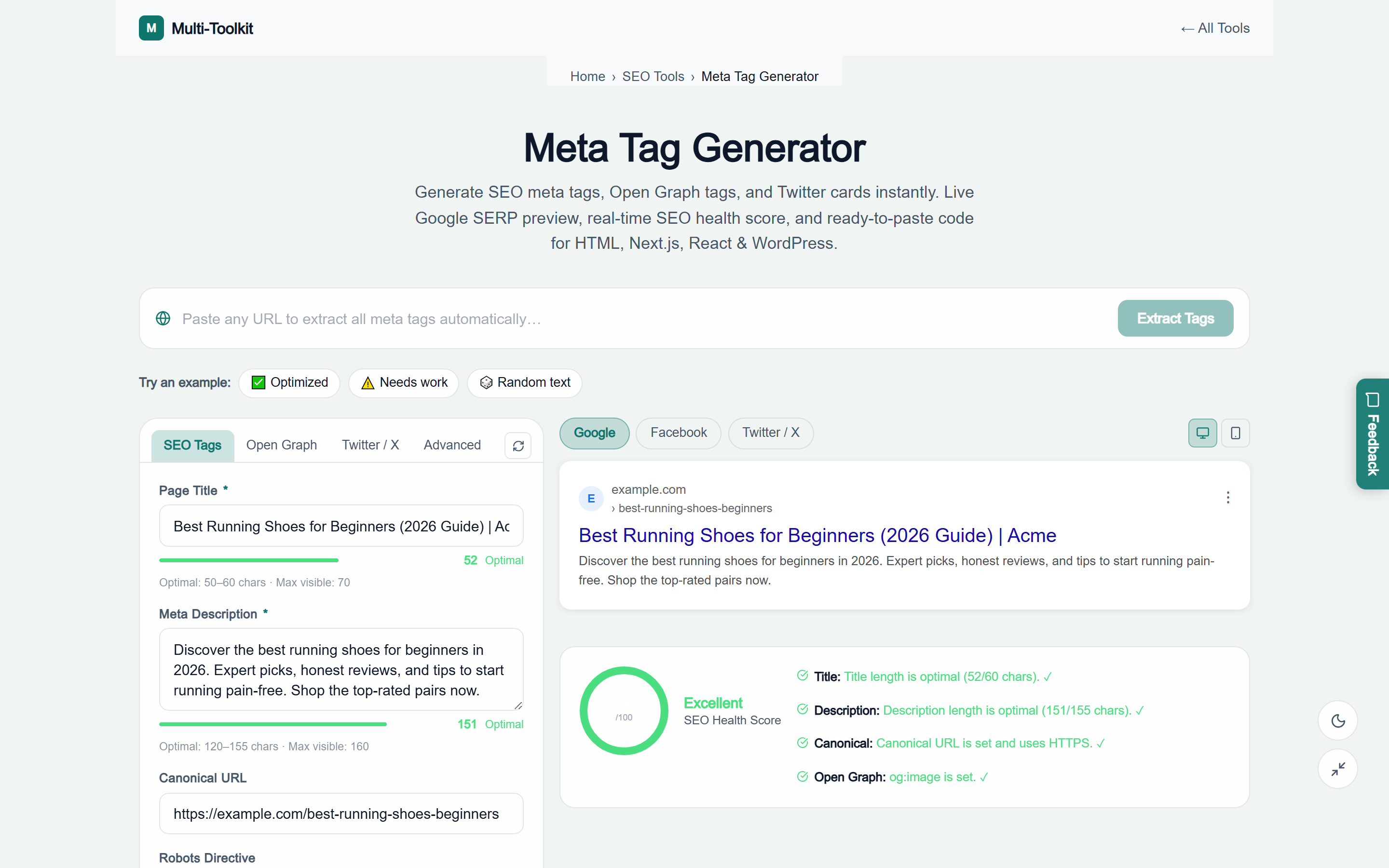 Multi-Toolkit Meta Tag Generator Light Mode Interface