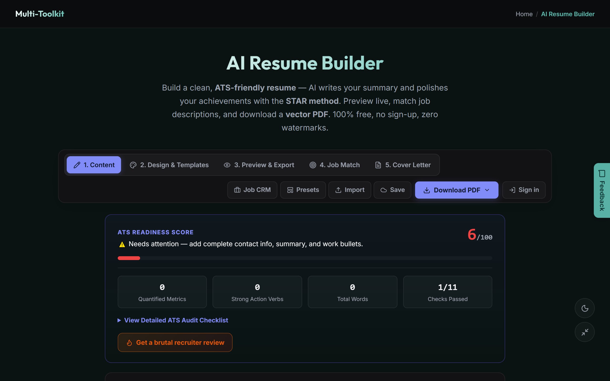 AI Resume Builder Interface in Dark Mode