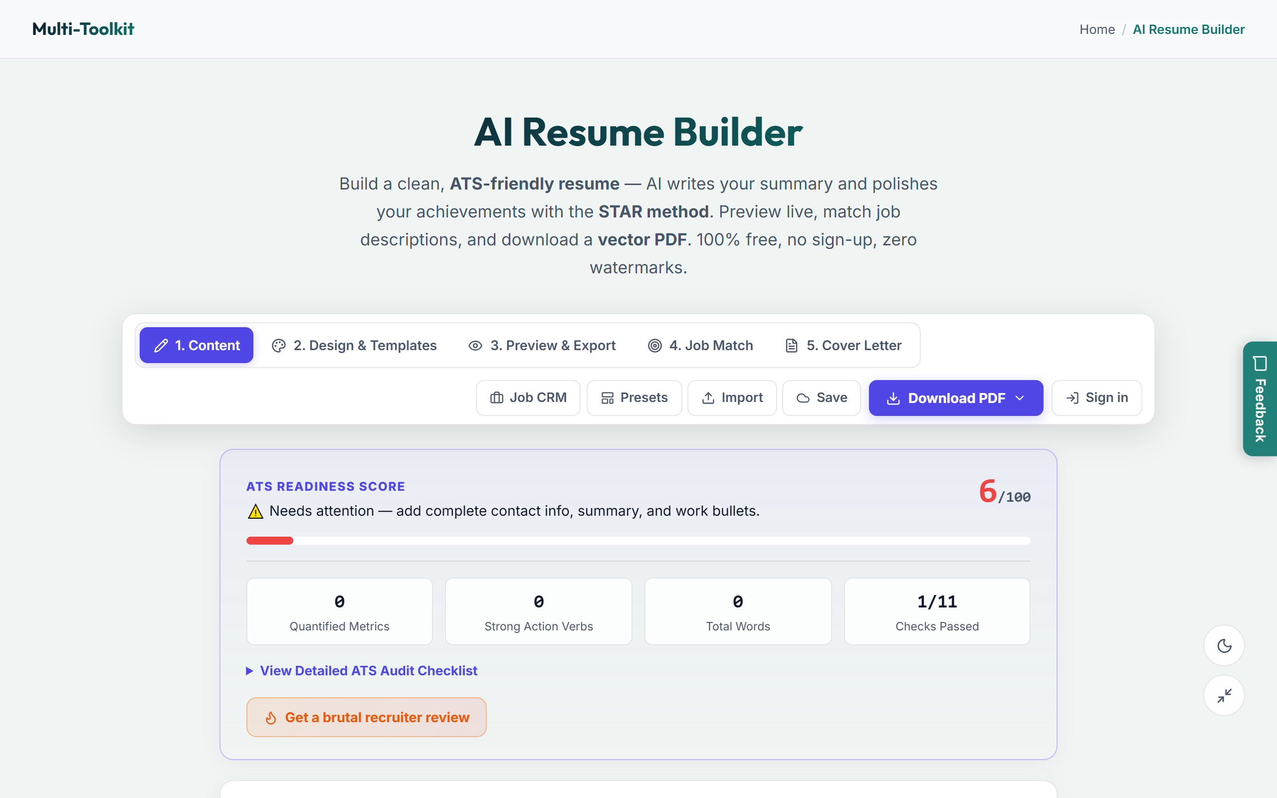 AI Resume Builder Interface in Light Mode