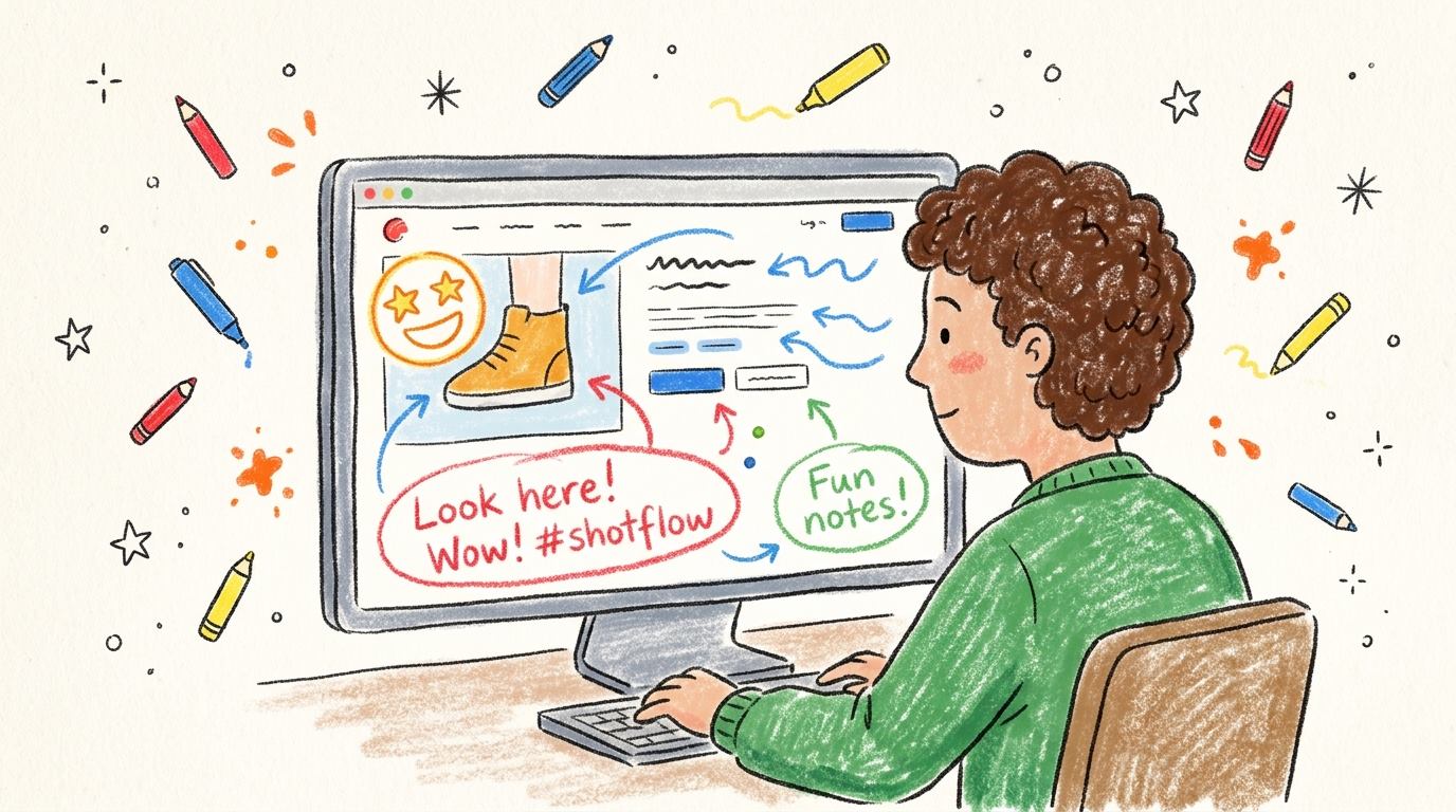 Illustration of a person annotating a screenshot with arrows and notes on screen