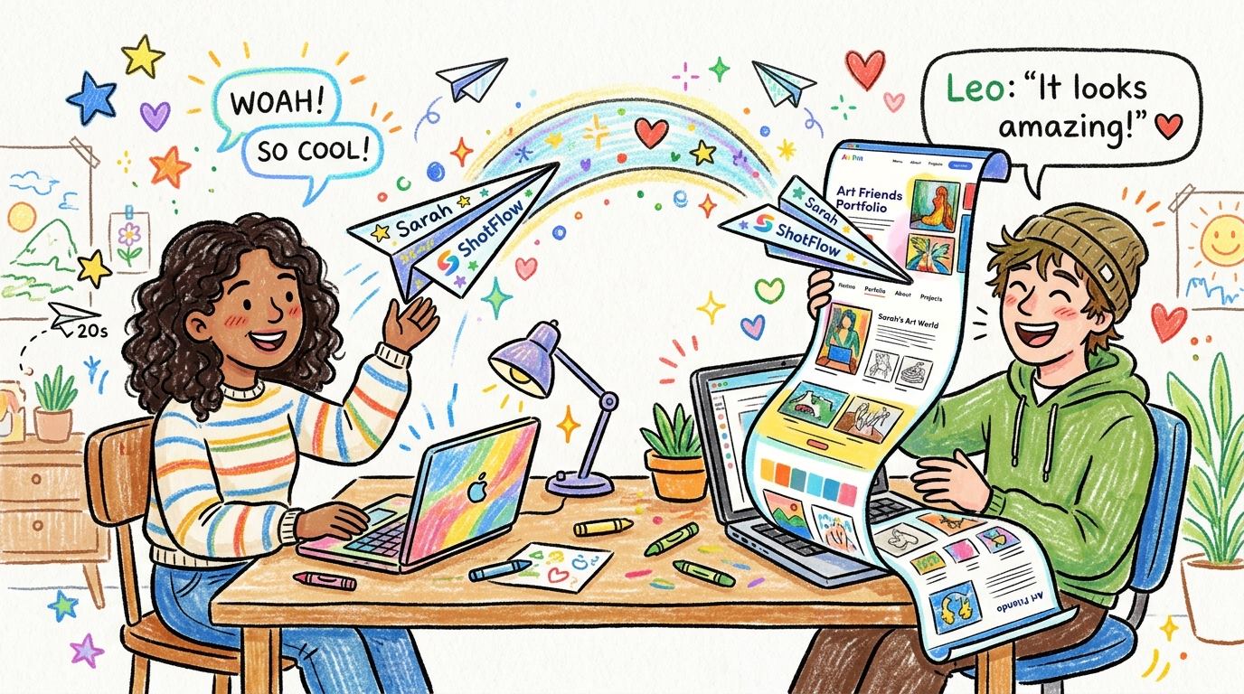 Illustration of two people sharing a screenshot link between their laptops