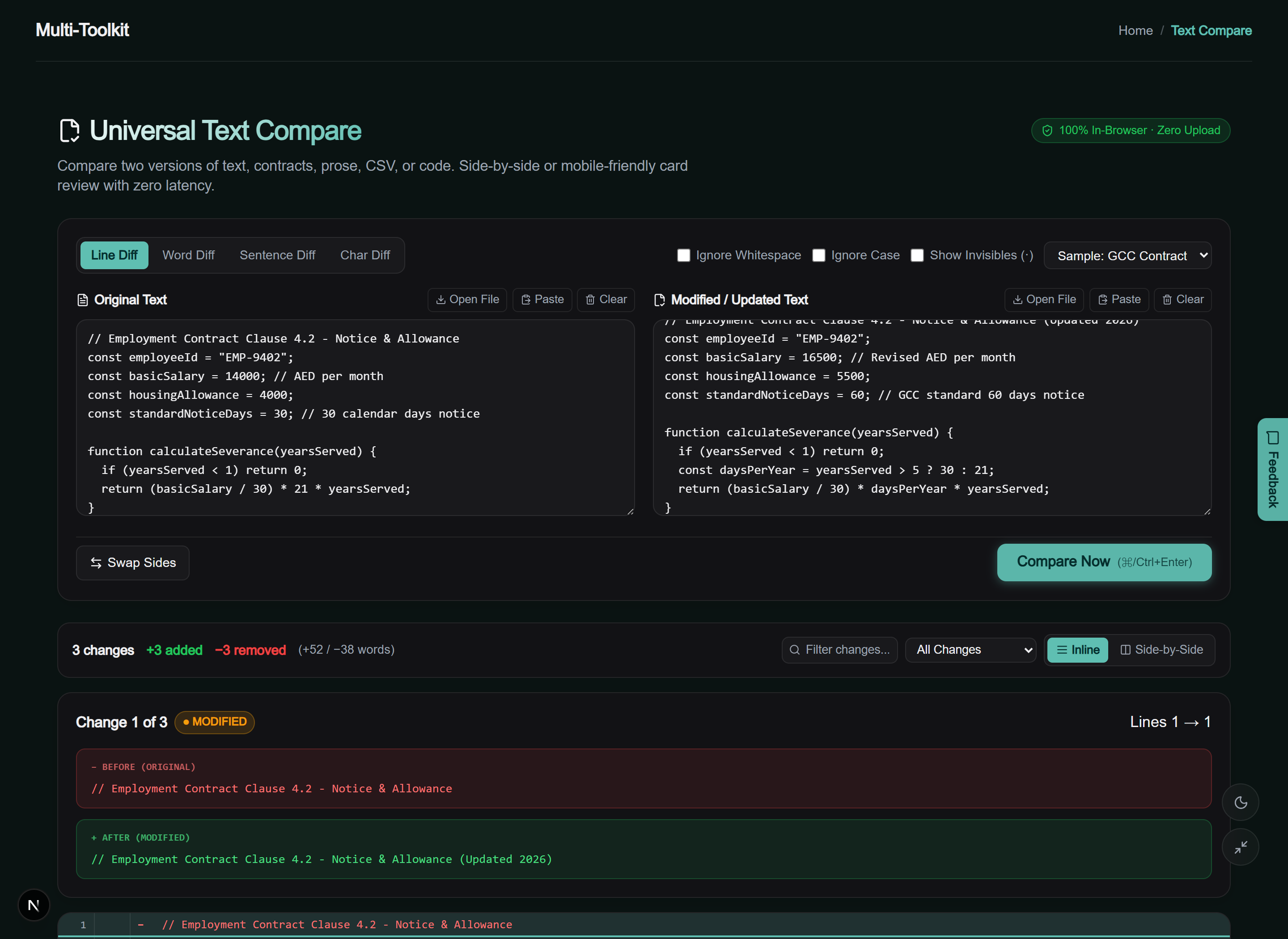 Multi-Toolkit Universal Text Compare Interface - Dark Mode