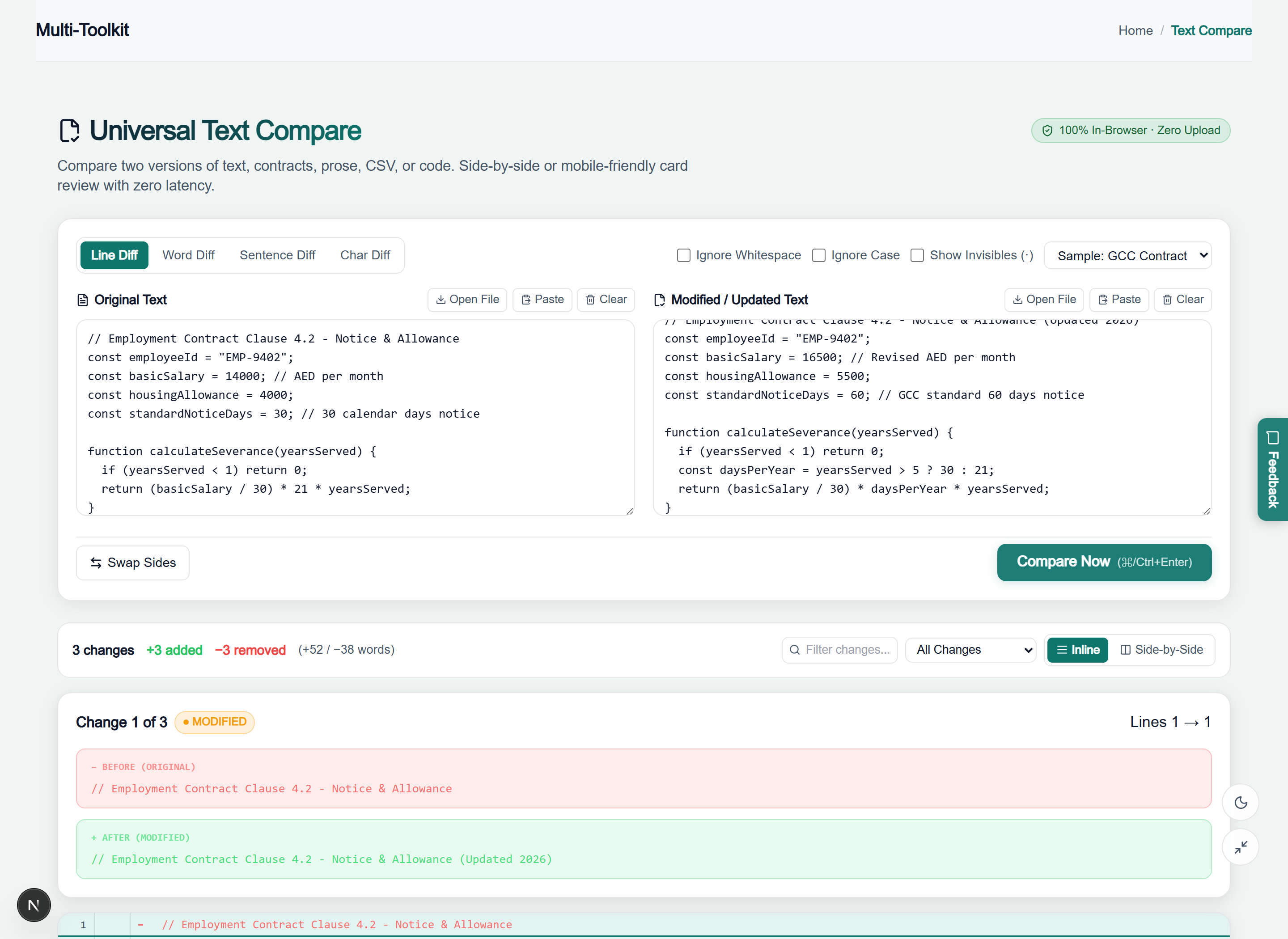 Multi-Toolkit Universal Text Compare Interface - Light Mode