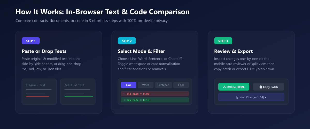 Text and Code Diff 3-Step Process Workflow