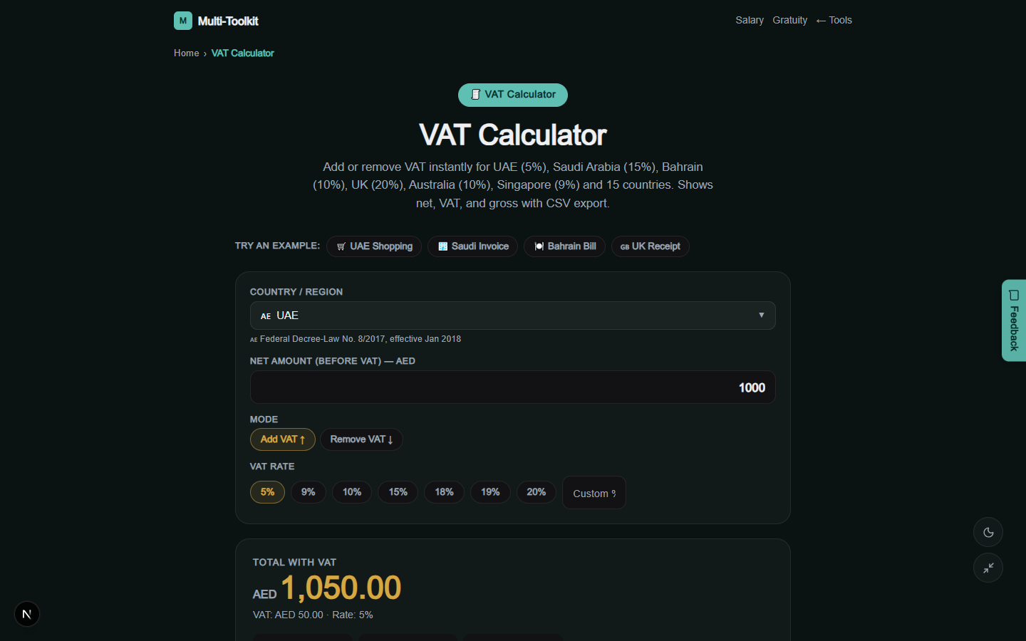 GCC VAT Calculator in Dark Mode