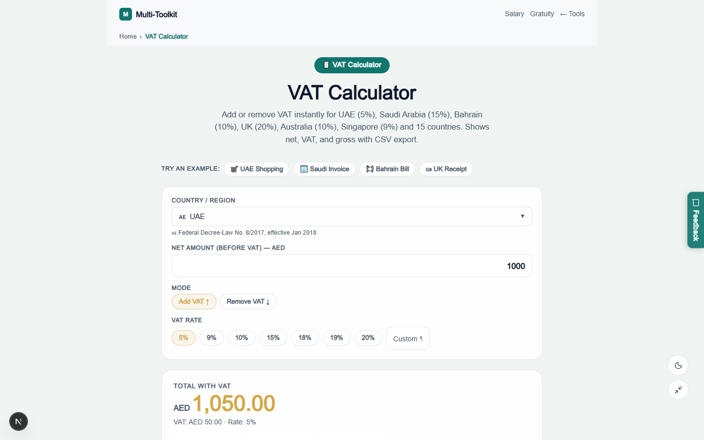 GCC VAT Calculator in Light Mode