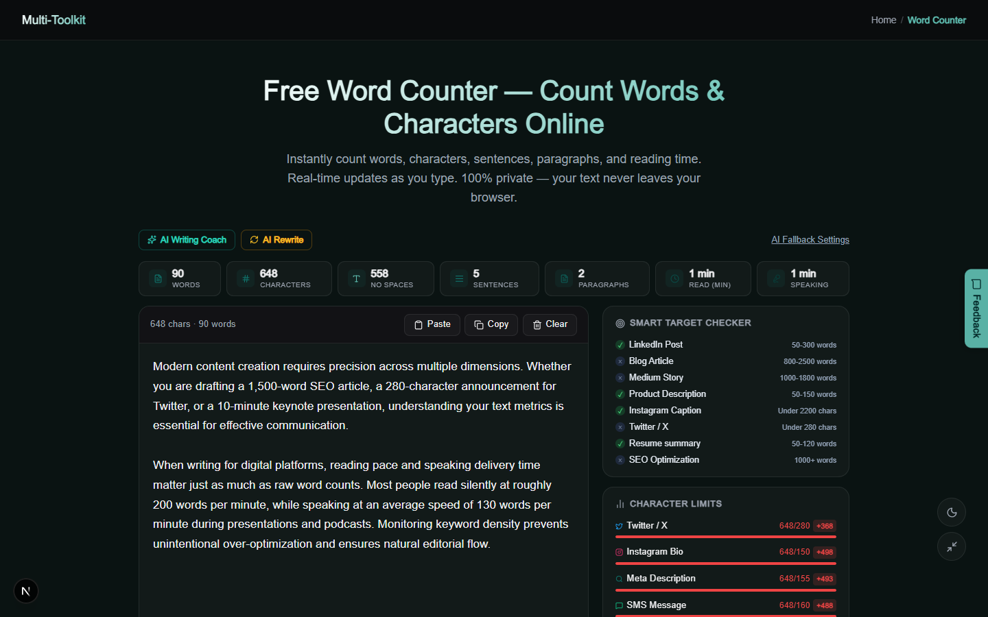 Word Counter & Text Analyzer in Dark Mode