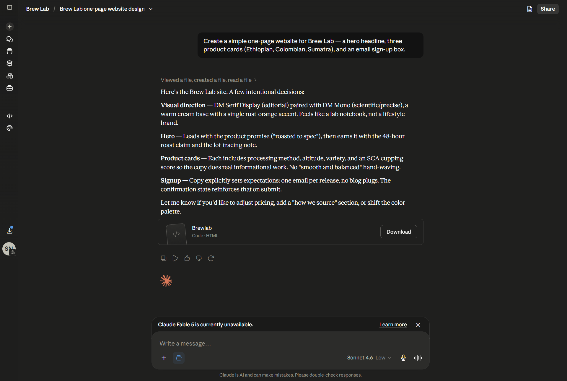 Claude builds the Brew Lab site as an Artifact and explains its choices