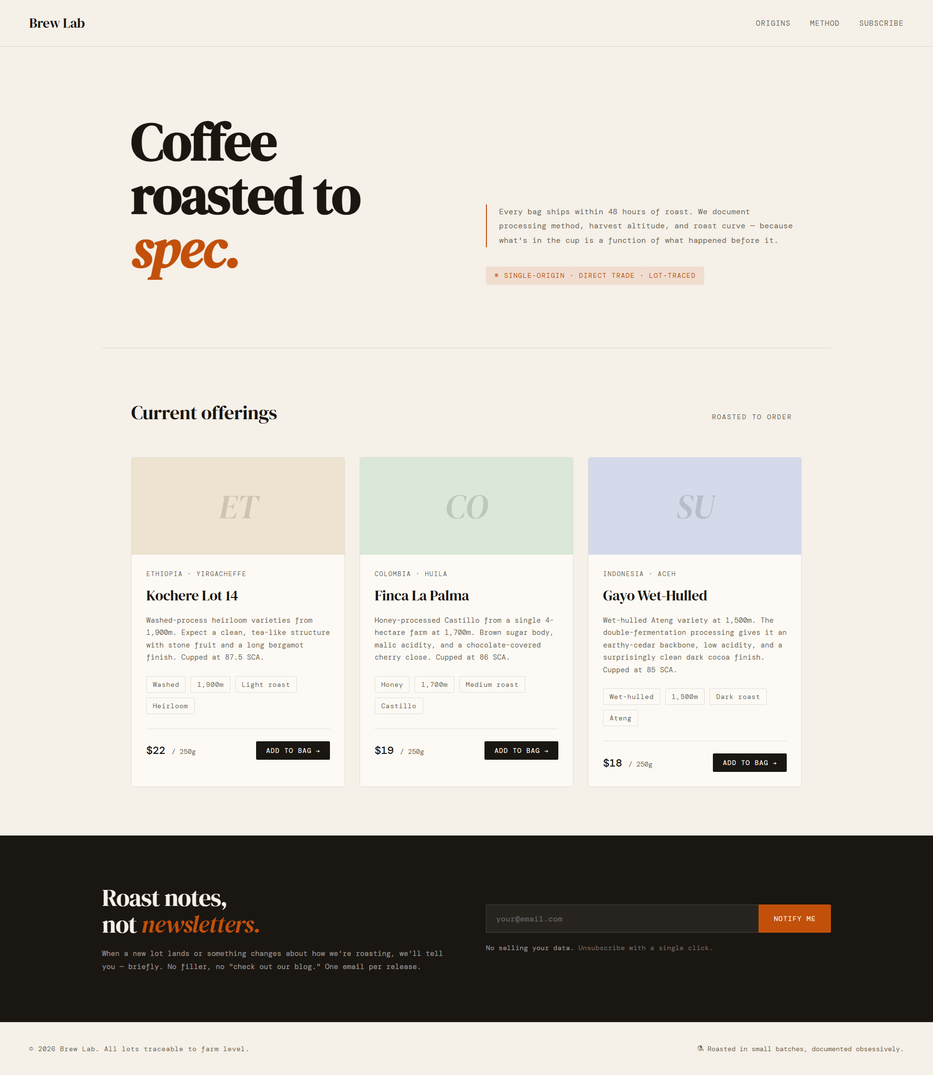 The rendered Brew Lab one-page site, version 1