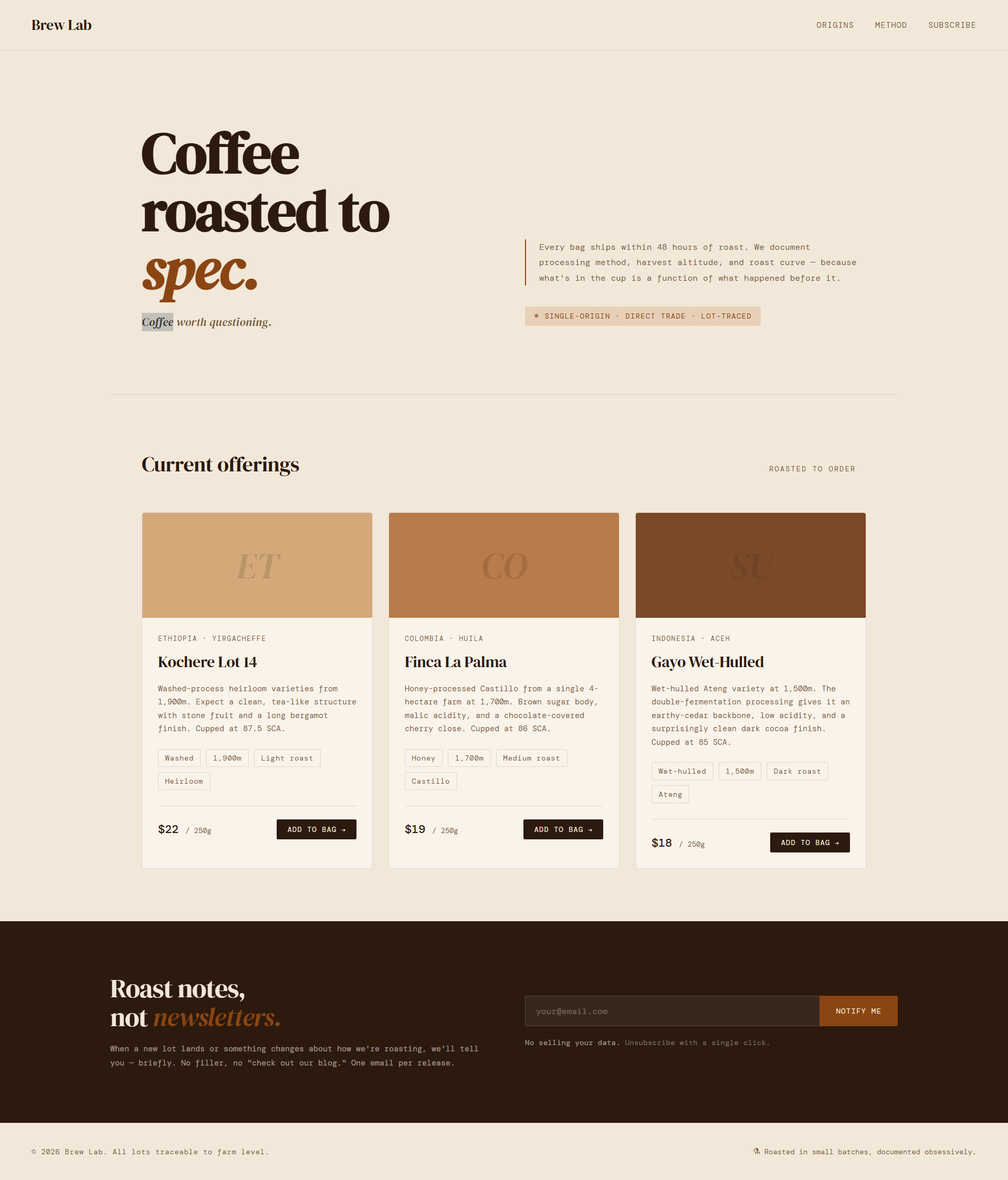 The refined warm-brown Brew Lab site with the tagline