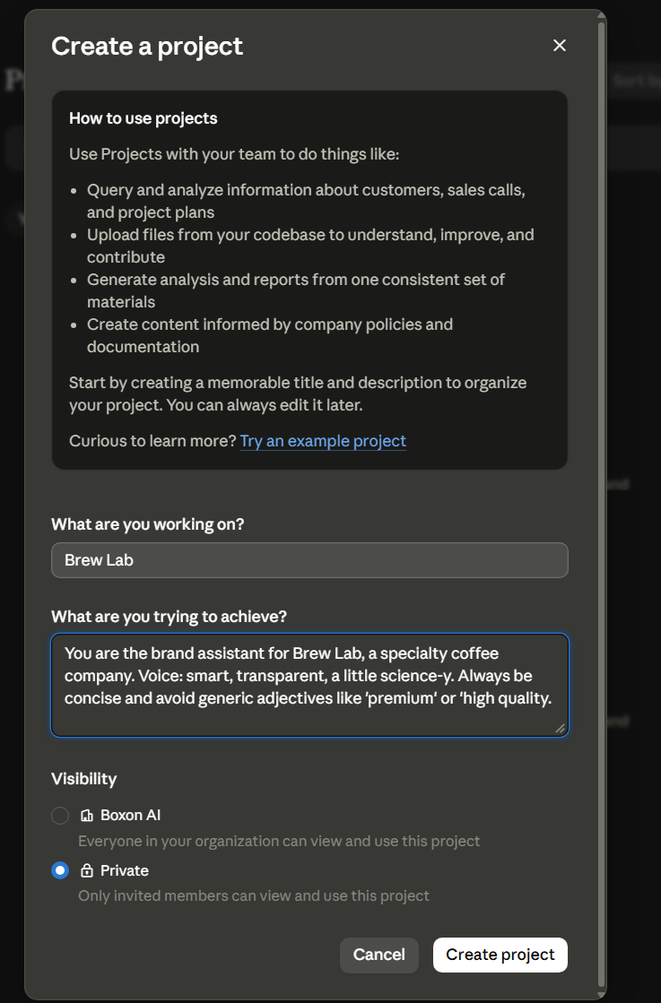 The "Create a project" dialog, with title and description fields