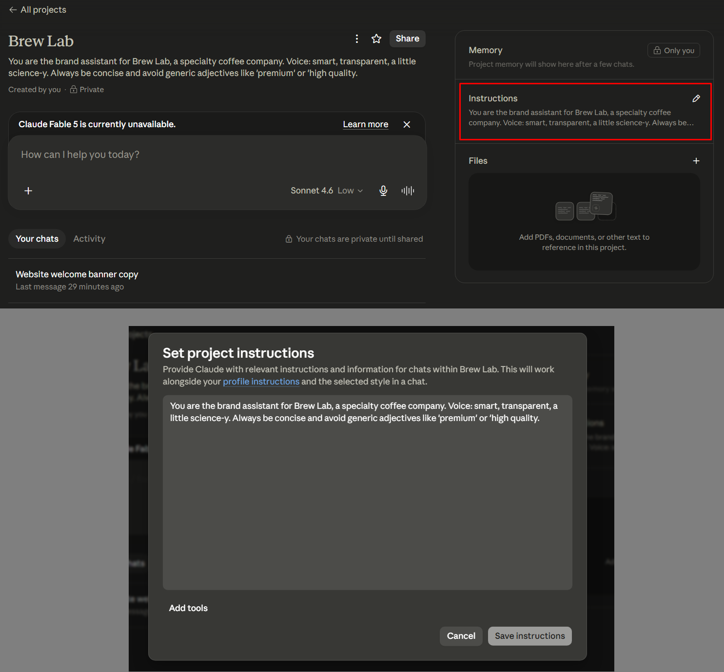 Setting project instructions with the Brew Lab brand voice