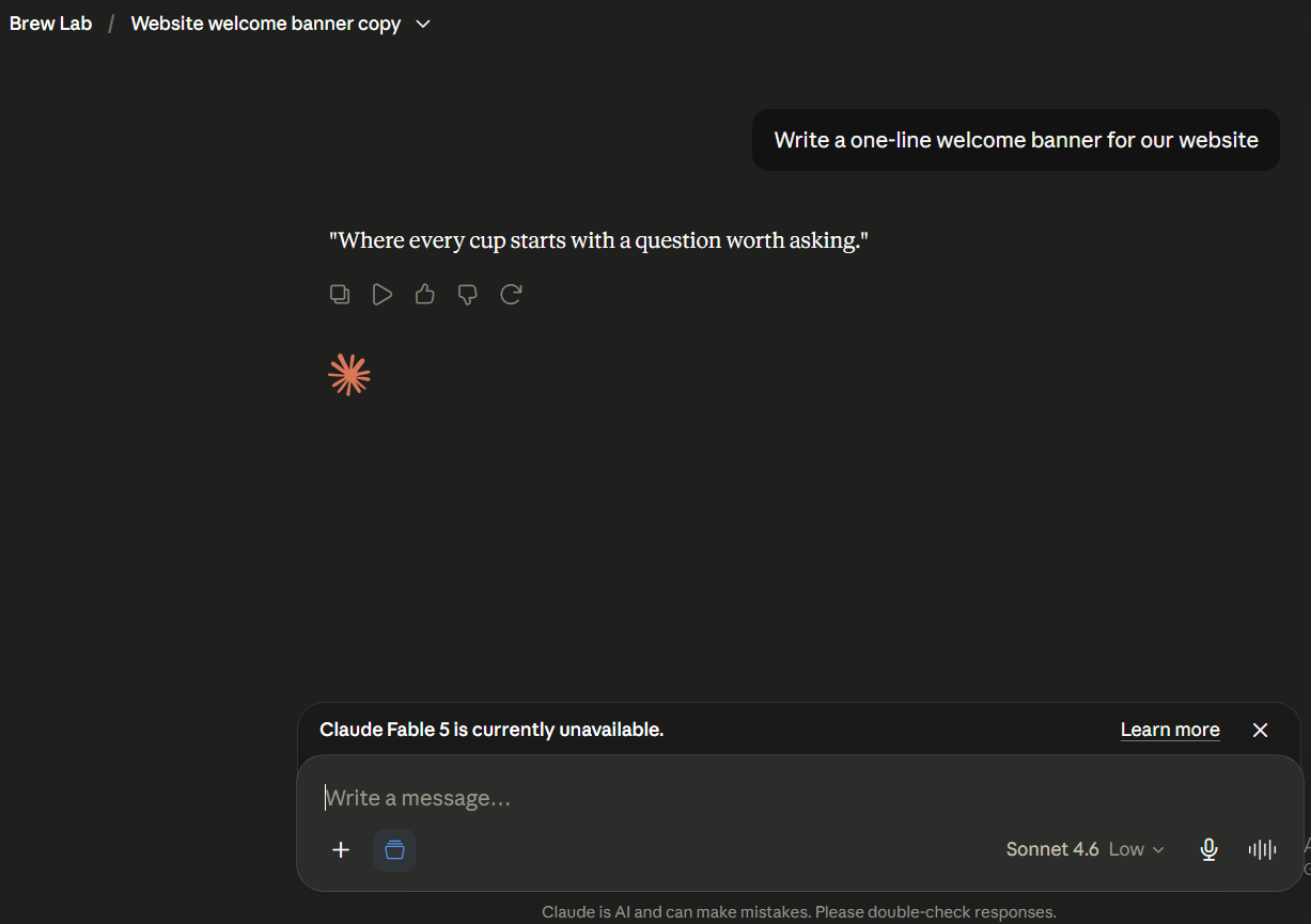 A chat inside the Brew Lab Project producing on-brand copy