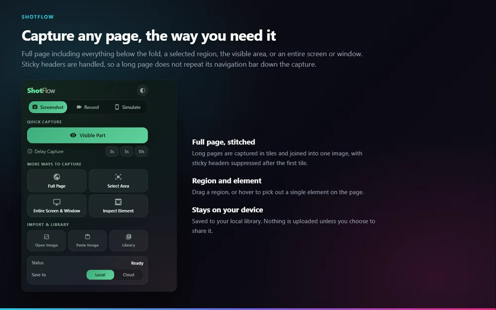 ShotFlow popup showing full page, region, element and screen capture options