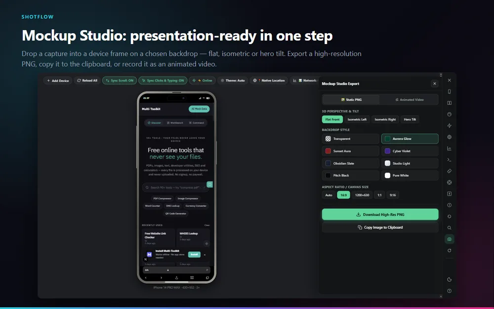 ShotFlow Mockup Studio with perspective, backdrop and aspect ratio controls