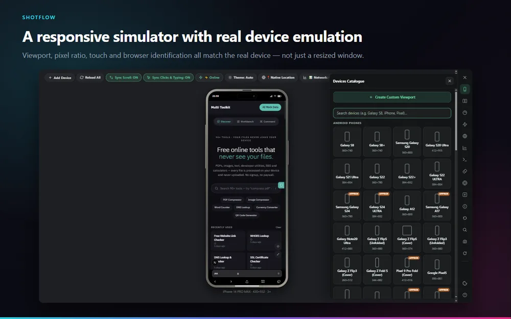 ShotFlow responsive simulator showing a page inside an iPhone frame with the device catalogue open